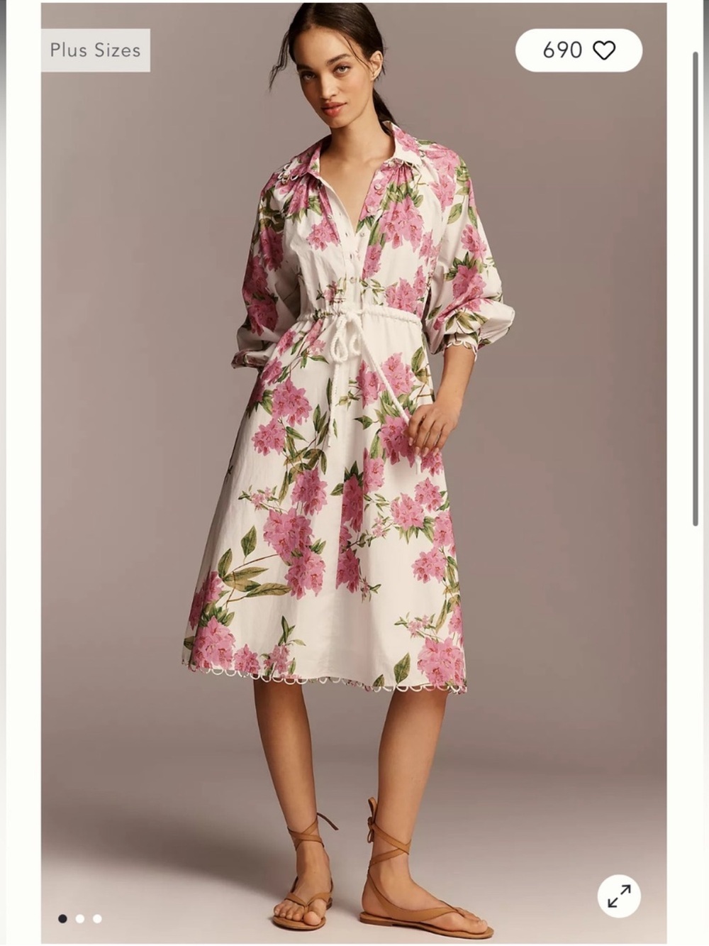 en saison esther pink & white floral long sleeve button front midi dress small